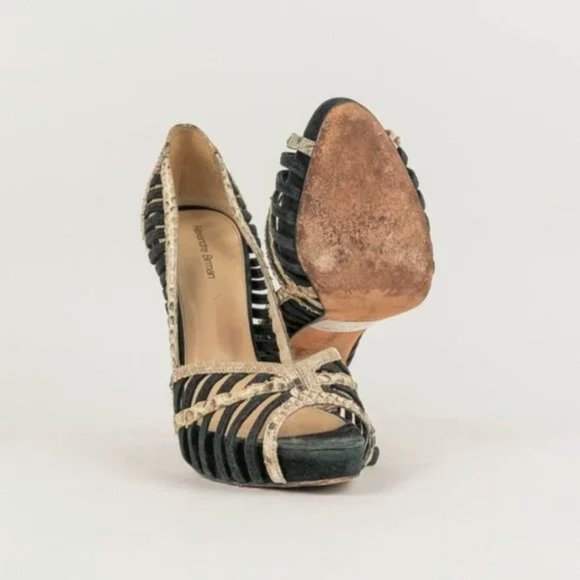 Alexandre Birman Betty Black Suede and Natural Python Peep-Toe Platform Pumps - Picture 4 of 7